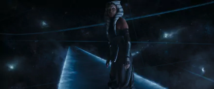 HD desktop wallpaper featuring Ahsoka on a starry spacewalk bridge, radiating a contemplative ambiance.