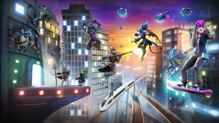 A dynamic HD wallpaper from the video game Roblox, featuring vibrant characters leaping through a futuristic cityscape illuminated by neon lights and a colorful sunset.