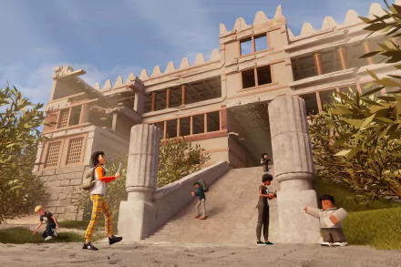 HD Roblox wallpaper featuring players exploring an ancient temple structure in a vivid, sunlit virtual world for desktop background.
