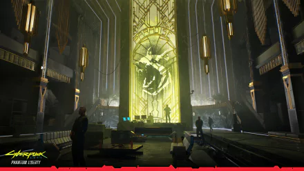 HD desktop wallpaper from Cyberpunk 2077 showing a grand, dimly lit cathedral interior with a large green holographic display and several characters.