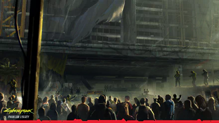 HD desktop wallpaper from Cyberpunk 2077 featuring a bustling crowd in front of a dystopian, construction-dominated cityscape.