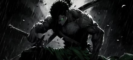 HD desktop wallpaper featuring Roronoa Zoro from One Piece, depicted in a dark, intense style with a rain-drenched backdrop.