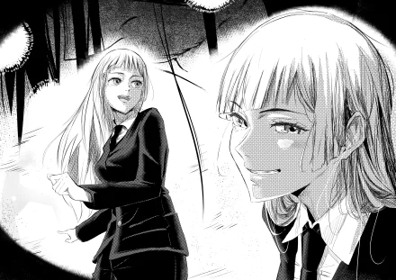 Black and white 4K Ultra HD anime wallpaper featuring Kasumi Miwa from Jujutsu Kaisen, showing two detailed expressions in a dynamic manga-style composition.