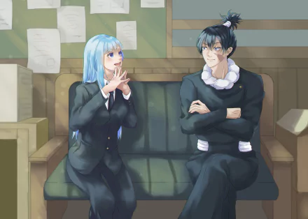 HD anime wallpaper featuring Kasumi Miwa and Kokichi Muta from Jujutsu Kaisen sitting and interacting on a bench in a softly lit room with scattered papers.