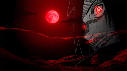 HD desktop wallpaper of Madara Uchiha from Naruto, featuring a dark anime theme with a red moon in the background and intense red and black tones.