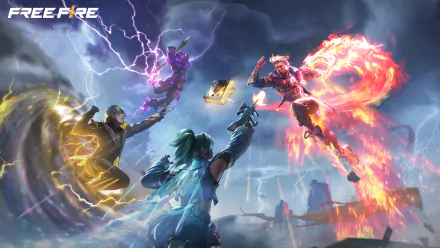 HD desktop wallpaper featuring dynamic Garena Free Fire characters engaged in intense battle with vibrant effects.