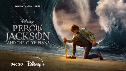 HD PC desktop wallpaper featuring Disney’s original series Percy Jackson and the Olympians, depicting Percy with a sword before a towering ocean wave.