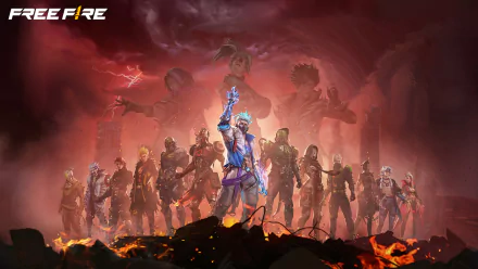 A dynamic HD desktop wallpaper for Garena Free Fire, depicting a group of characters in a dramatic, fiery backdrop, showcasing action and intensity in the game's world.