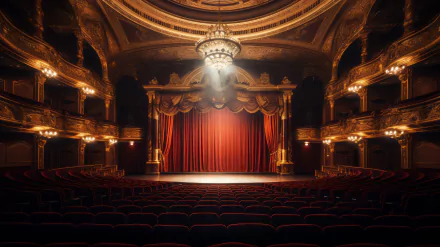 HD wallpaper featuring the interior of an ornate theater with a spotlight on the red curtain stage.