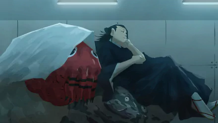 Suguru Geto and a red, multi-eyed Dagon from Jujutsu Kaisen rest in a dimly lit room, captured in HD anime style as a PC desktop wallpaper background.