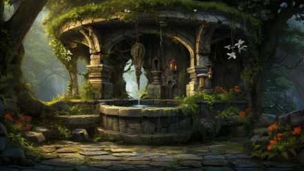 HD desktop wallpaper featuring an artistic depiction of an enchanted stone well surrounded by lush greenery and an ancient ruin.