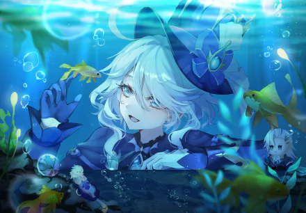 HD desktop wallpaper featuring Furina from Genshin Impact in an underwater scene surrounded by fish. The vibrant colors and detailed artwork highlight the character's ethereal presence in the video game.
