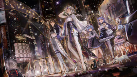 4K Ultra HD PC desktop wallpaper featuring Beidou, Ningguang, Ganyu, Keqing, and Lumine from Genshin Impact in a vibrant city night scene.