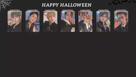 HD PC desktop wallpaper featuring the music group ENHYPEN with a Happy Halloween theme and individual member portraits against a dark background.