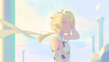 4K Ultra HD PC desktop wallpaper featuring Lumine from the video game Genshin Impact, bathed in soft sunlight with architectural columns in the background.