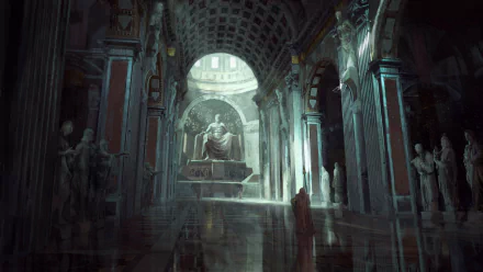 HD desktop wallpaper featuring a mystical, ancient temple interior from Path of Exile, with statues and a central figure on a throne.