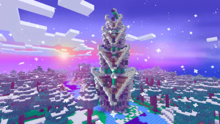 HD wallpaper of a Minecraft landscape featuring a towering structure amidst snow-covered trees under a purple sky with scattered stars.
