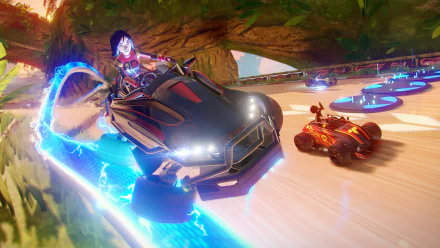 HD wallpaper featuring a dynamic Disney Speedstorm racing game scene with sleek, futuristic karts speeding on a vibrant track.
