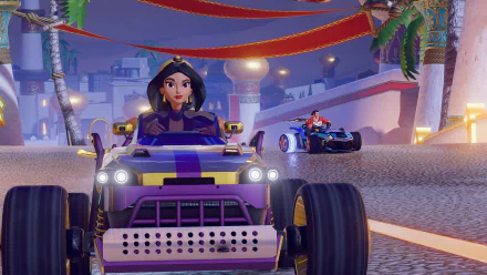 HD wallpaper featuring characters from Disney Speedstorm racing in vibrant karts, set against a colorful, bustling background of a desert cityscape.