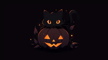 Halloween-themed HD desktop wallpaper featuring a black cat sitting atop a carved pumpkin with glowing eyes on a dark background.