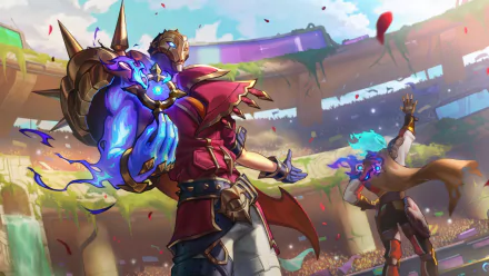 HD desktop wallpaper featuring Jhin from League of Legends in an action-packed scene from Legends of Runeterra, depicting vibrant, dynamic combat.