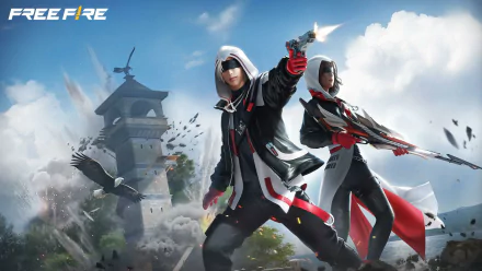 HD desktop wallpaper featuring characters from Garena Free Fire in action, with a traditional Asian pagoda in the background.