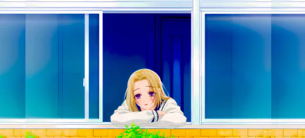 HD anime desktop wallpaper featuring a girl with blonde hair resting by a window, set against a calm blue background, inspired by Isaku Senagaki's style.