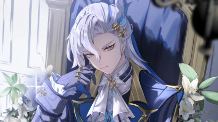HD wallpaper of Neuvillette from Genshin Impact, featuring the character in elegant attire with a regal pose amidst a floral backdrop.