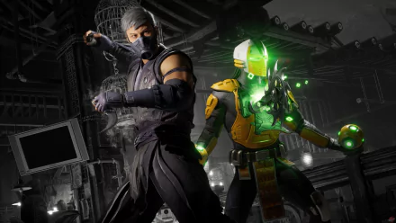 A dynamic HD wallpaper featuring Smoke and Cyrax from Mortal Kombat 1, set against an atmospheric backdrop that captures the intensity of the iconic video game.