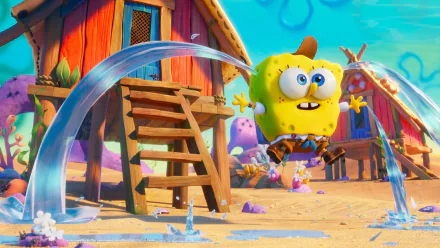 HD Wallpaper of SpongeBob SquarePants jumping joyfully outside his pineapple house from The SpongeBob Movie: Sponge on the Run.