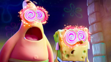 HD desktop wallpaper featuring SpongeBob SquarePants and Patrick Star with swirling, hypnotic eyes from 'The SpongeBob Movie: Sponge on the Run'.
