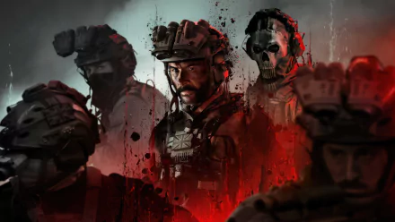 HD Wallpaper of Call of Duty: Modern Warfare III soldiers with artistic red splatter background for desktop.