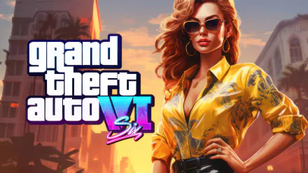 HD desktop wallpaper for Grand Theft Auto VI featuring a stylish female character in a vibrant cityscape background.