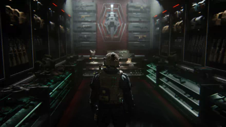 HD desktop wallpaper from Call of Duty: Modern Warfare III, featuring a soldier standing in a dimly-lit, high-tech armory.