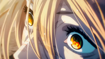 Close-up of Power from Chainsaw Man with vibrant orange eyes, rendered in stunning detail for an 8K Ultra HD anime PC desktop wallpaper.
