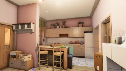 HD desktop wallpaper featuring a tidy kitchen interior design from House Flipper 2 with warm lighting, wooden cabinets, and modern decor.