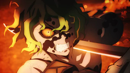 Anime HD PC wallpaper of Gyutaro (Demon Slayer: Kimetsu no Yaiba) — snarling, blood-marked face, glowing eye and blade against a fiery orange background.