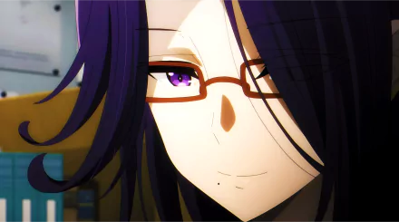 Close-up of Aurora from The Eminence in Shadow anime with purple eyes and glasses, rendered in 4K Ultra HD as a PC desktop wallpaper and background.