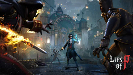 HD desktop wallpaper featuring a dynamic scene from Lies Of P, with a character wielding a glowing weapon in a dark, gothic cityscape background.