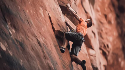 Dynamic HD wallpaper of a rock climber ascending a steep red cliff, showcasing determination and adventure for desktop backgrounds.