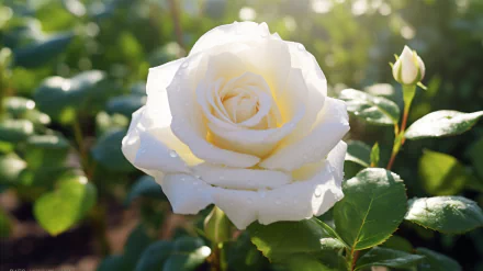 A close-up of a stunning white rose surrounded by lush green leaves, capturing the essence of nature. This vibrant image serves as a beautiful HD desktop wallpaper.