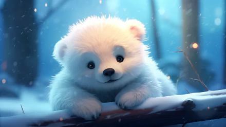 Cute animated white bear cub in a snowy forest scene HD desktop wallpaper.