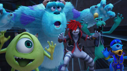 A colorful HD wallpaper featuring Mike Wazowski, James P. Sullivan, and Sora from Kingdom Hearts III, alongside other vibrant characters, showcases an exciting moment in the game.
