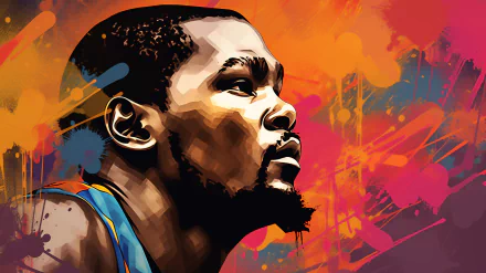 Vibrant HD desktop wallpaper featuring a stylized portrait of a basketball player, set against a colorful, abstract background.