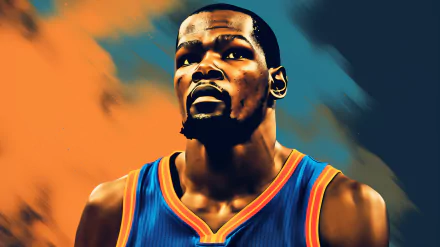 Stylized HD basketball desktop wallpaper featuring a player in blue and orange jersey against an vibrant orange and blue background.