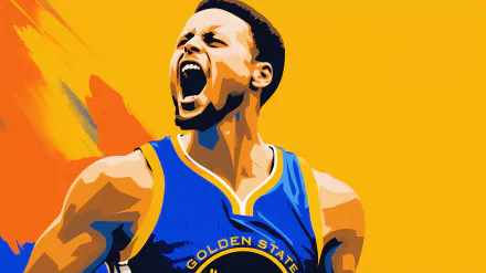 High-Resolution Desktop Wallpaper Featuring a Stylized Illustration of a Golden State Warriors Basketball Player in Action on a Vibrant Yellow Background.
