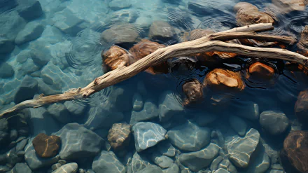A serene view of driftwood resting over smooth stones in a clear river, capturing the tranquility of nature. This HD image serves as an inviting desktop wallpaper.