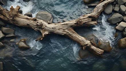 HD wallpaper of driftwood in a river with smooth stones and flowing water for desktop background.