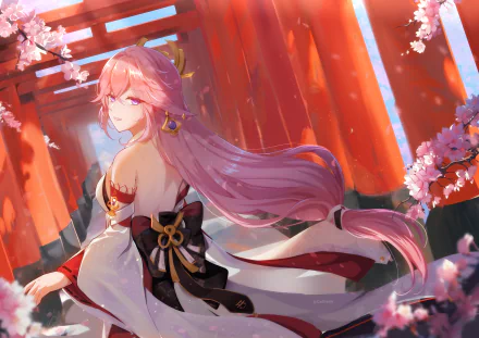Yae Miko Guuji from Genshin Impact stands amidst glowing red torii gates and cherry blossoms in this 4K Ultra HD PC desktop wallpaper.