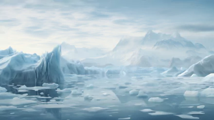 HD desktop wallpaper featuring a serene Arctic glacier landscape with icebergs and mountains reflecting in the calm icy waters.
